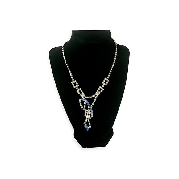 Mid-Century Vintage Rhinestone Necklace,  Blue Accents – Art Deco Revival Style - Picture 8 of 9